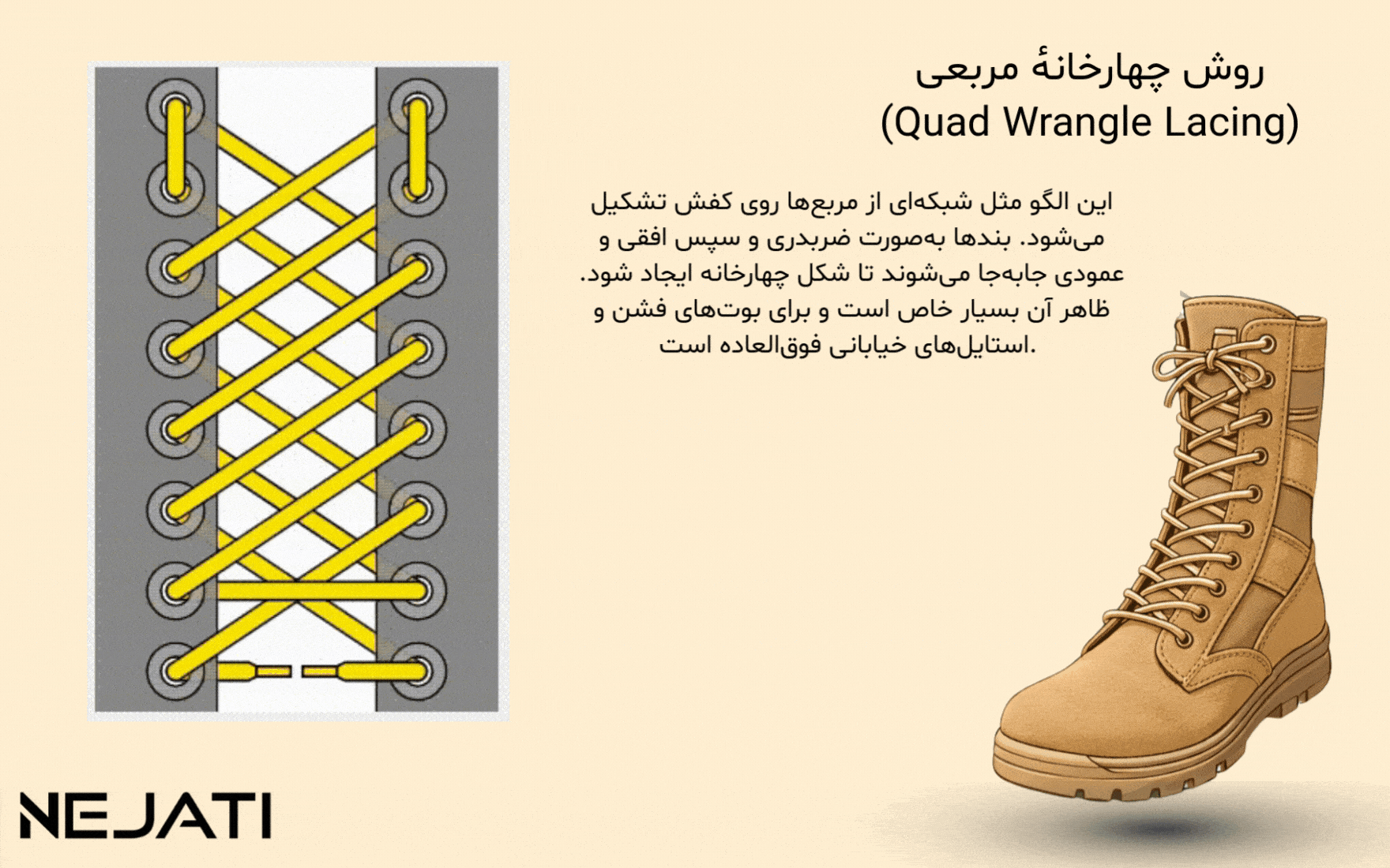 روش بستن پوتین چهارخانه مربعی